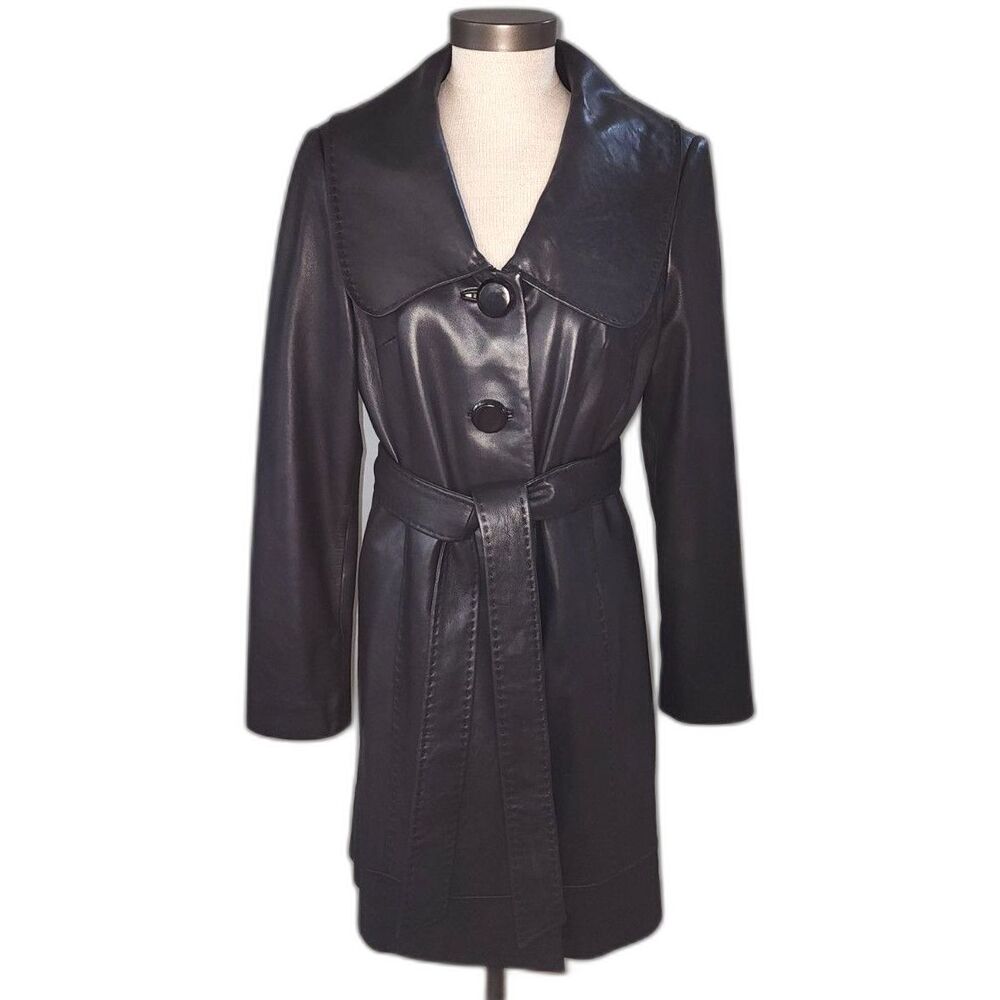 Classiques Entier Black Leather Trench Coat with Tie Waist – Size M